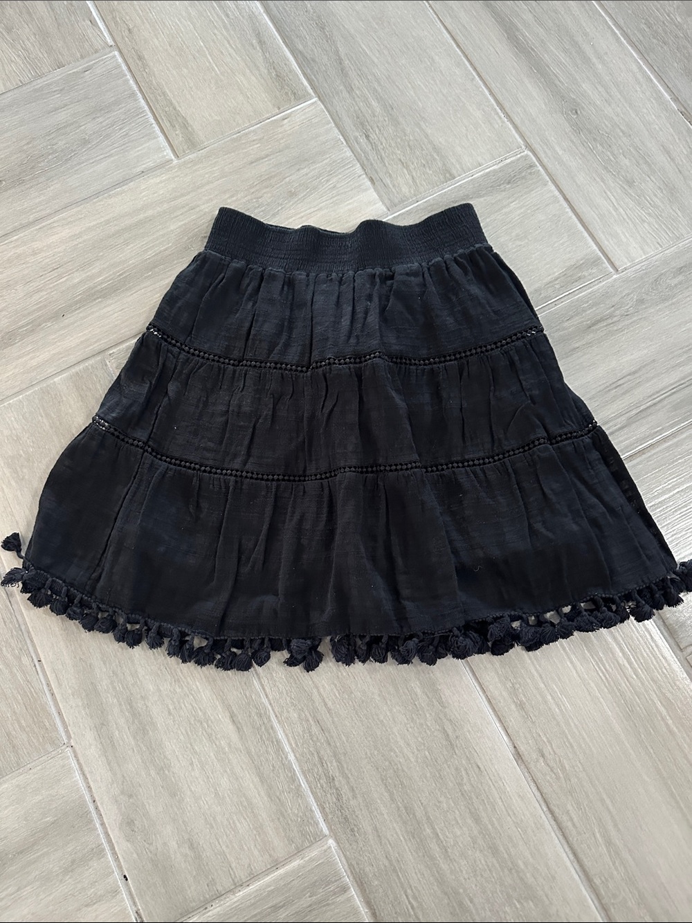 LOFT Black Tiered Mini Skirt with Tassel Hem